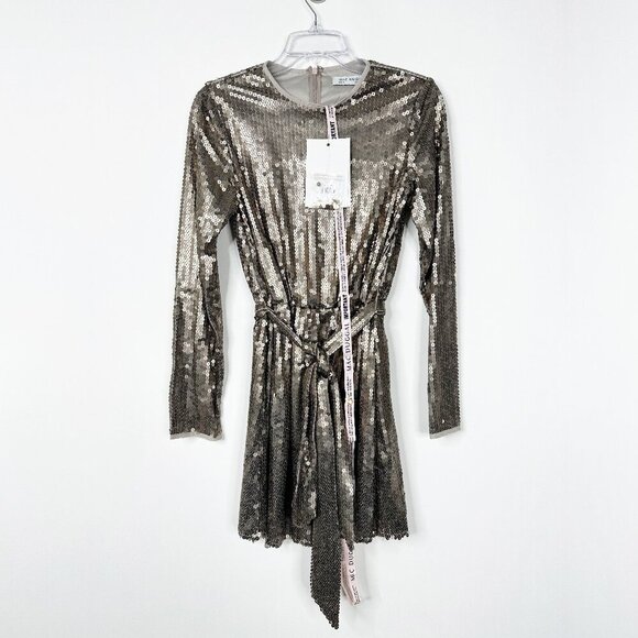 NWT Mac Duggal Sequin Embellished Long Sleeve High Neck Mini Dress Taupe 8 - Picture 4 of 8